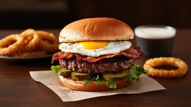 Delicious burger with egg and crispy bacon