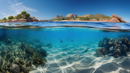 Fototapeta premium A dynamic underwater split-view of Sardinia: the top half shows a sunlit Mediterranean beach with soft sand, while the bottom half captures tropical fish swimming in crystal-clear water, their vibrant