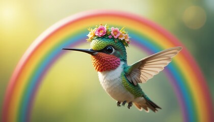 Fototapeta premium Hummingbird with Flower Crown in front of a Rainbow