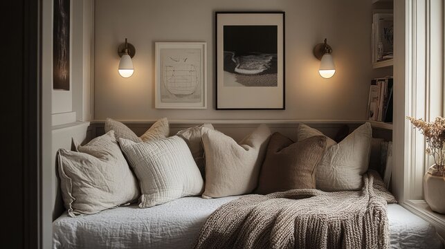 Cozy small bedroom featuring a daybed adorned with plush pillows and soft lighting for a serene atmosphere