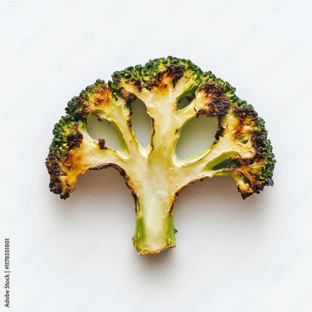 Poster single roasted broccoli floret with charred edges on a clean white background