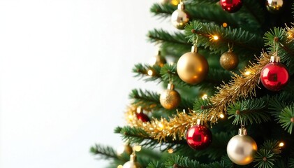 Glittering golden garland on the Christmas tree, White Background Christmas, Ornaments and Garlands