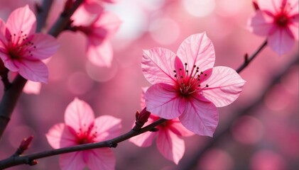 Obraz premium Pink petals unfolding in a diamond shape on a branch, branches, trees, pink color