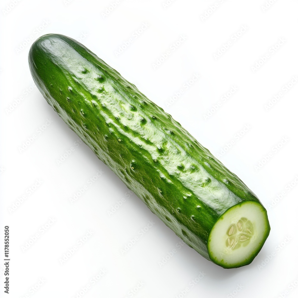 Poster fresh cucumber slice showcasing crisp green flesh and textured surface on a clean white background