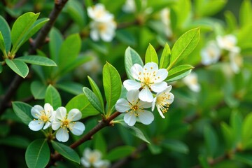 White Acacia blooms amidst a sea of green leaves and branches, blossom, garden, flora
