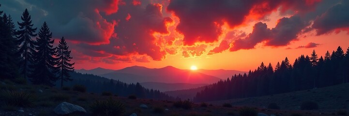 Ash and ember-filled evening sky with a burning pine forest, blaze, woods