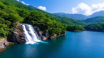 Serene waterfall cascading into a pristine lake, surrounded by lush green mountains under a vibrant blue sky.