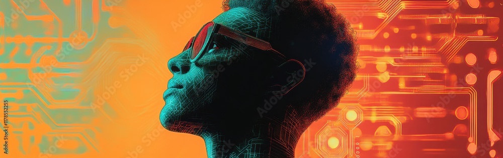 Aufkleber man in sunglasses with radiant circuit board patterns in a futuristic digital landscape