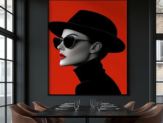 Stylish woman portrait in red, black hat, sunglasses, in modern dining room.