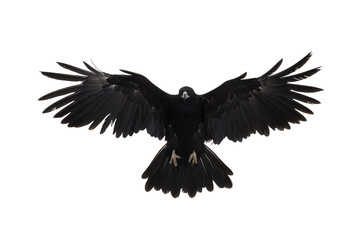 Fototapeta premium A majestic black bird with outstretched wings in mid-flight, showcasing its powerful presence and sleek feathers.