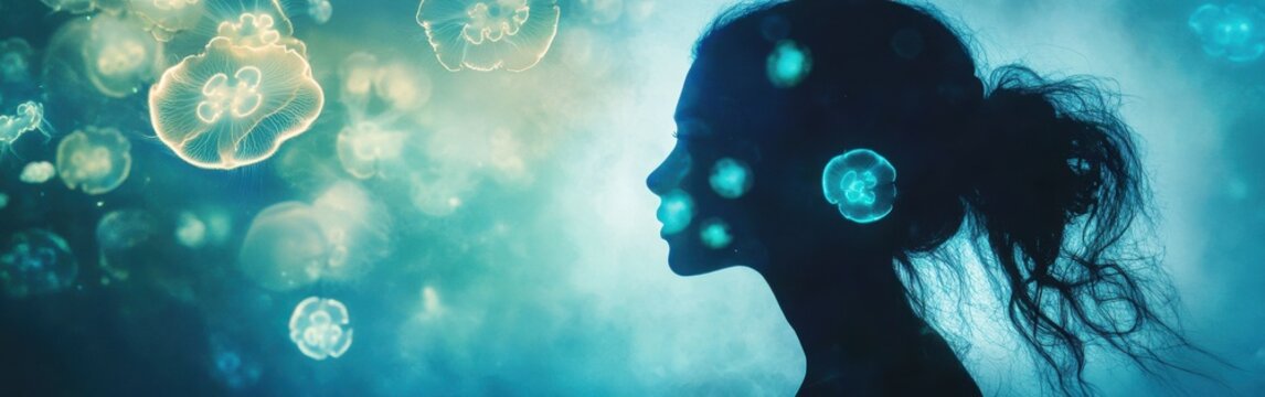 Serene portrait of a woman surrounded by glowing jellyfish and bioluminescent plankton in a tranquil underwater world - Powered by Adobe