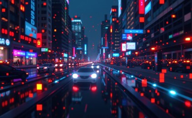 Fototapeta premium A city street at night illuminated by a vibrant display of digital data, showcasing the intersection of technology and urban life.