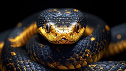 Obraz premium Captivating Close-Up of a Unique Yellow and Black Snake on Dark Background, Showcasing Intricate Patterns and Textures of Scales in Stunning Detail