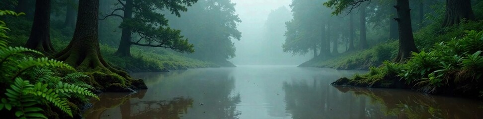Muddy water with cypress trees, dense fog, and a few ferns, nature, fern, forest