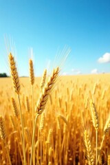 Fototapeta premium Wheat stalks wave gently in the breeze against an endless expanse of golden fields under a clear blue sky, wheat, open, wind