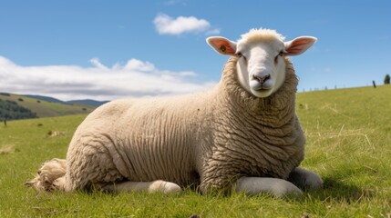 Obraz premium A fluffy sheep with a perfectly round body and soft, white wool, sitting in a field of green grass