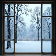A frosty window frames a snowy forest with bare trees, quiet landscape, frosted glass, snow