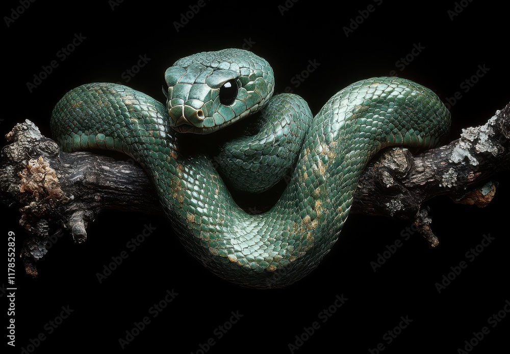 Aufkleber captivating emerald green snake coiled on branch displaying intricate scales and striking facial fea