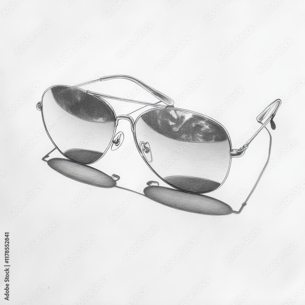 Aufkleber reflective sunglasses sketched in pencil resting on a white surface highlighting their sleek design 