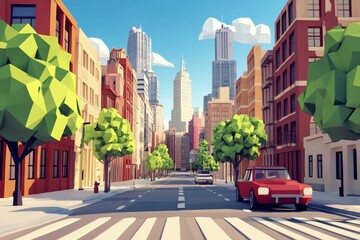 A city street with a red car driving down it. The street is lined with trees and buildings