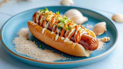 Delicious Hot Dog with Toppings on Blue Plate