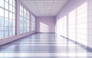 Sunlit Pastel Hallway with Large Windows