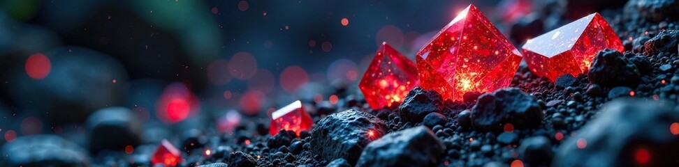 Sparkling red crystals embedded in a dark rock formation, glittery rocks, rocky terrain