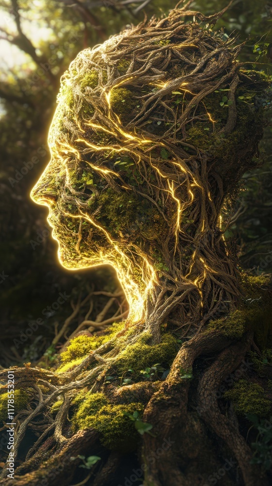 Aufkleber mystical profile of a man merging with glowing tree roots and vibrant moss in an enchanted forest se