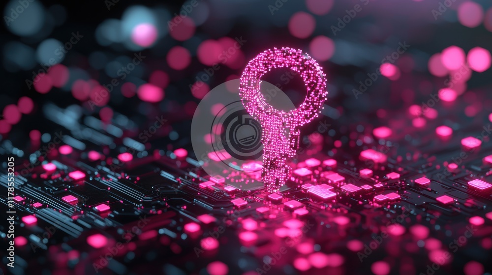 Poster a luminous digital key composed of glowing pixels, hovering above a circuit board, representing cybe