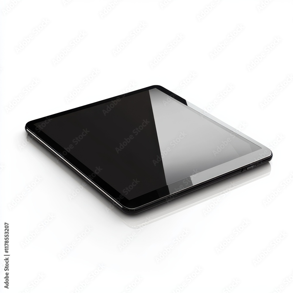 Aufkleber modern black tablet with reflective screen resting on white background for tech display and demonstr