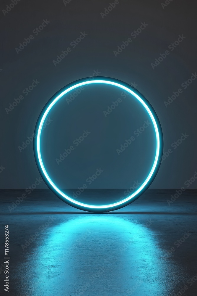 Poster neon blue circle is lit up in a dark room. the circle is the only object in the image