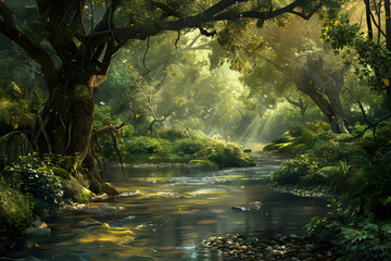 Nature's Symphony: A Harmonious Scene of Tranquil River Flowing Through Lush Forest Coexisting with Wildlife in Perfect Balance