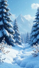 A serene winter landscape with falling snowflakes on a blanket of pristine white snow, serene, snowy, on