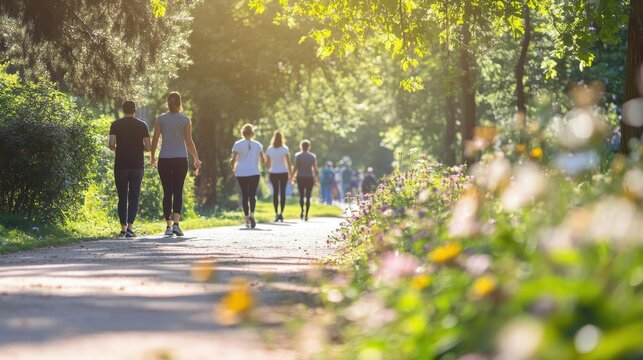 Mindfulness group engages in slow walking meditation along flower-lined park path under sunny skies