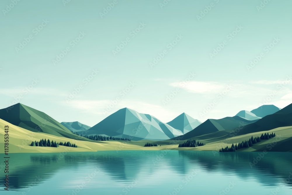 Poster a mountain range with a lake in the foreground. the mountains are covered in trees and the lake is c
