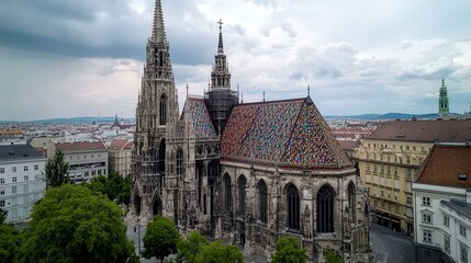 Fototapeta premium Aerial exploration of st. Stephen's cathedral vienna gothic design in urban landscape from above