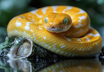 Fototapeta premium Captivating Yellow Snake Coiled on Rock with Glossy Reflection, Showcasing Vibrant Scales and Exotic Look in Natural Habitat Setting Surrounded by Lush Greenery