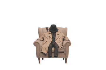 A vintage armchair with a trench coat and hat draped over it, creating a mysterious, abandoned look.