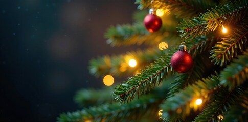 Sparkling golden lights on a Christmas tree branch, sparkling, festive