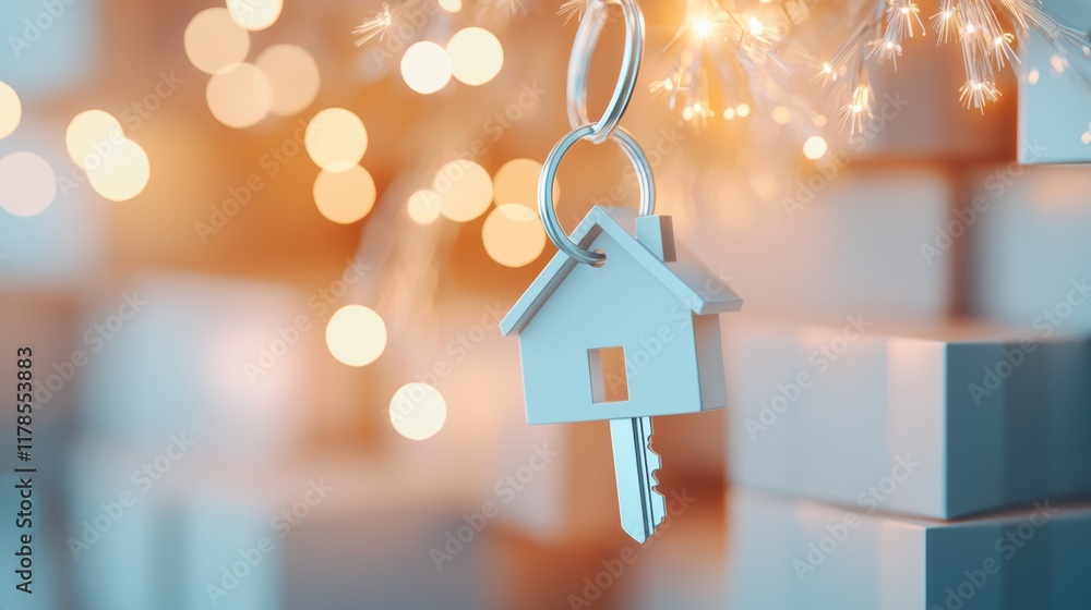 Poster a key fob with a house icon resting on a stack of moving boxes, symbolizing relocation, new adventur