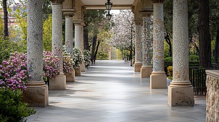 Obraz premium Scenic pathway through blossoming columns park guell photographic landscape serene nature eye-level view tranquil beauty