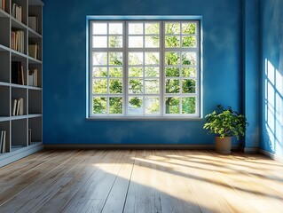 Obraz premium Sunlit Room with Bookshelves and Large Window