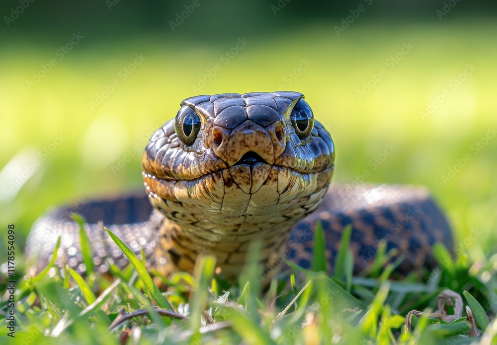 Poster close-up of a beautiful snake with intricate patterns and sharp eyes resting on green grass in a nat