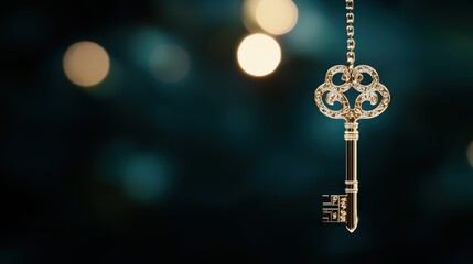 A close up shot of a golden key with intricate carvings, sparkling under a spotlight, representing success, achievement, and the rewards of hard work and dedication.