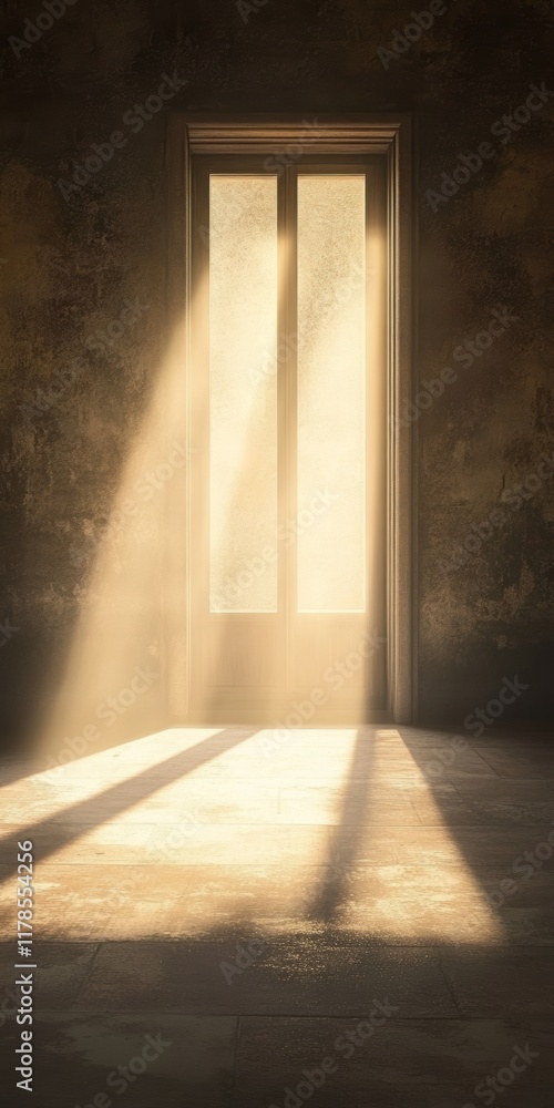 Poster a captivating image of radiant light streaming through an open door, casting shadows in a dim room. 