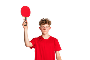 A young person in a red shirt holds a red table tennis paddle high.
