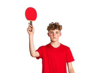 A young person in a red shirt holds a red table tennis paddle high.