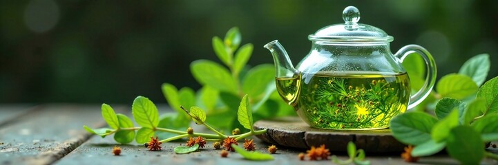 Withered Galium aparine stems and leaves scattered around a glass teapot of green tea, catchweed, clivers