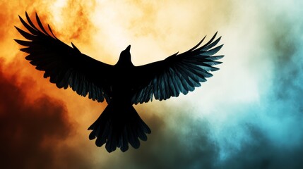 Fototapeta premium A stunning silhouette of a bird in flight, set against a backdrop of vibrant clouds in sunset colors, symbolizing freedom and natural beauty.
