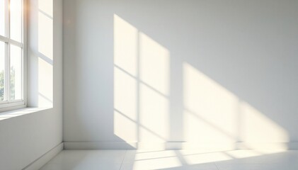 Fototapeta premium Gentle sunbeam falls on a minimalist white wall, serene space, natural light, shadows